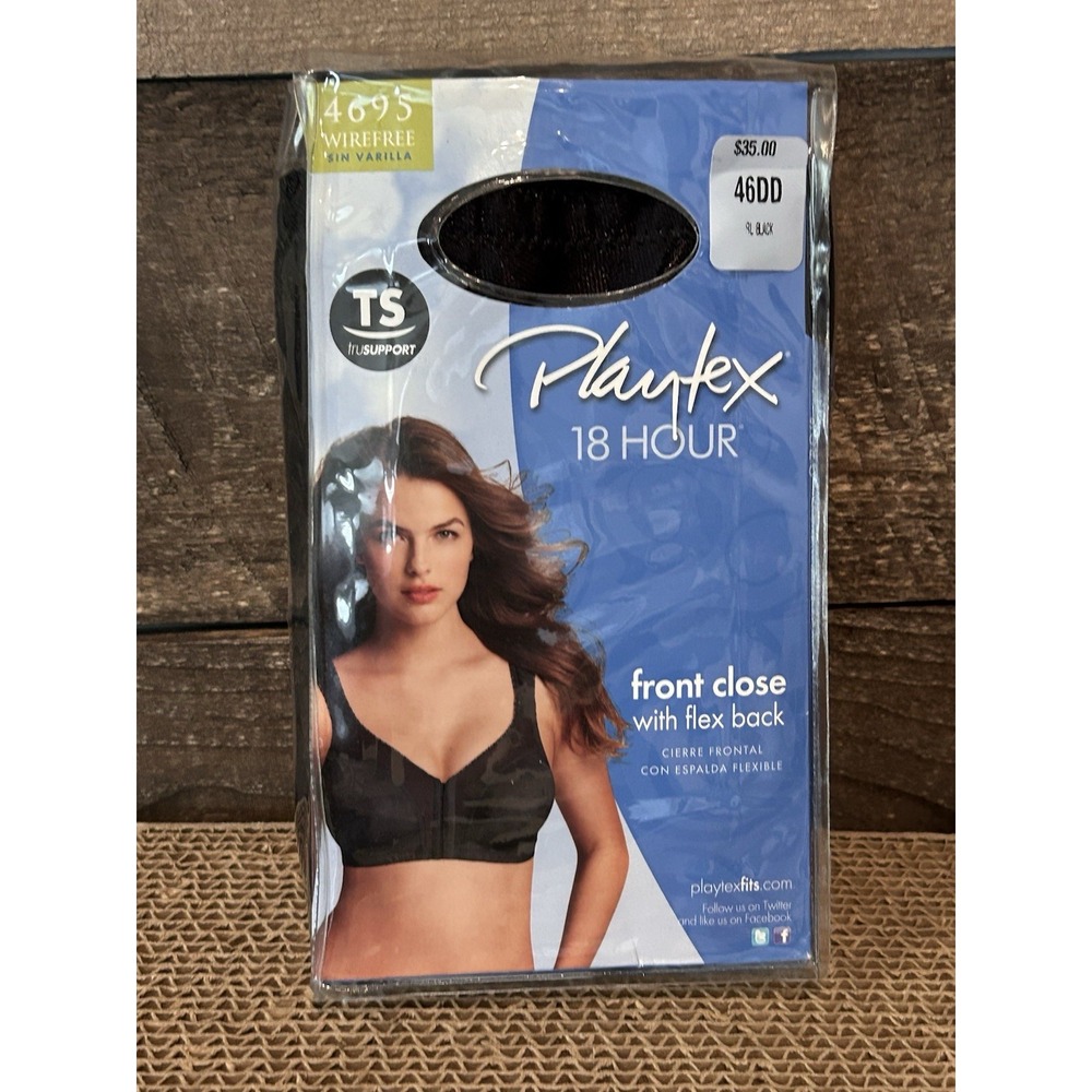 Playtex Women's 18 Hour‎ Front Close Wirefree Bra w/ Flex Back Black 46DD NEW